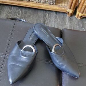 Antonio Melani Black Leather Pointed Mule with Silver Ring Detail